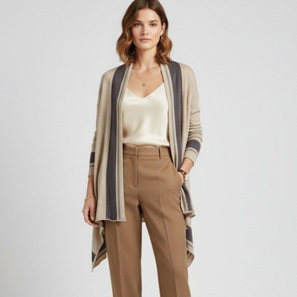 Garnet Hill L Open Front Cardigan Tan Brown Stripe Trim Lightweight Knit Draped